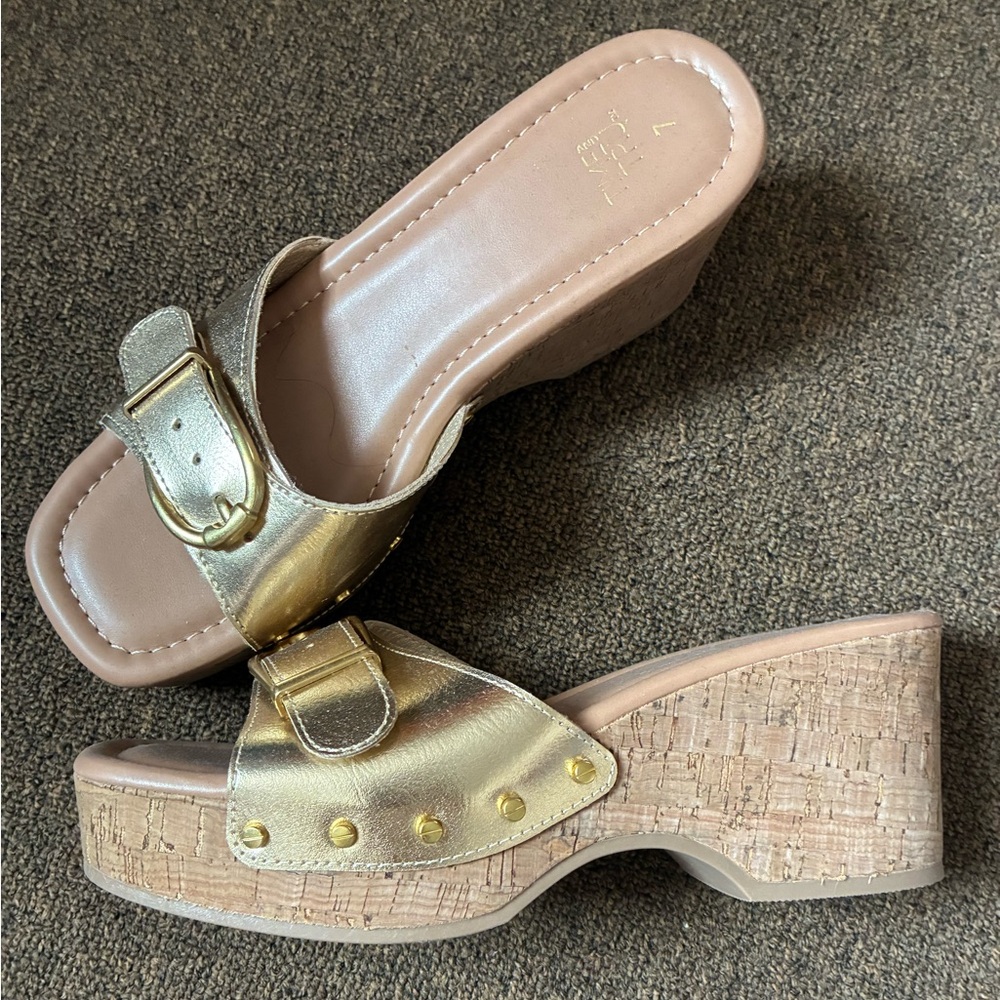 Time and Tru Gold Buckle Mules